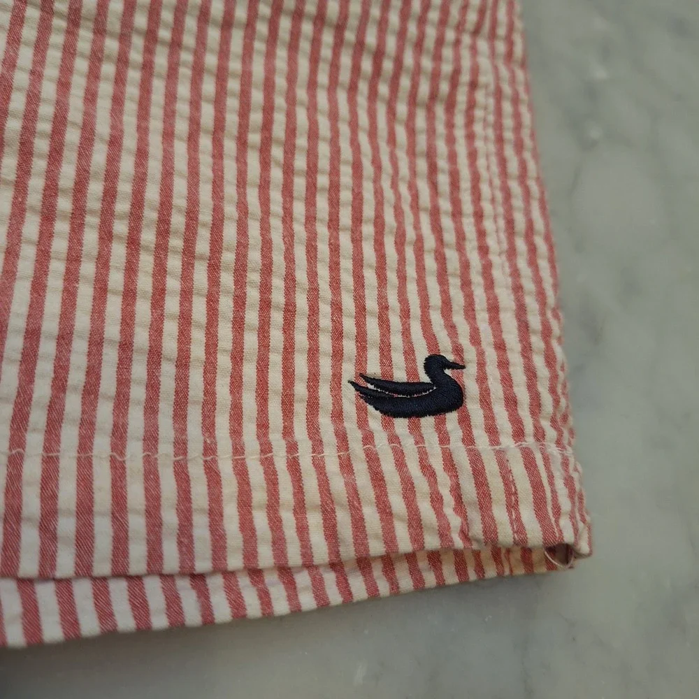 Southern Marsh Swim Trunks Youth Small Red Seersucker Stripe Board Shorts Preppy